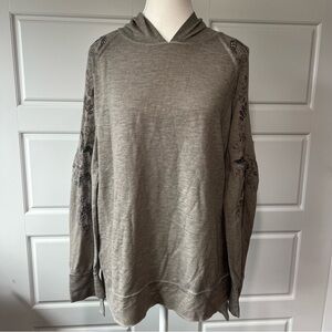 Knox Rose LG Taupe Cold Shoulder Hooded Sweatshirt with Floral Sleeves‎